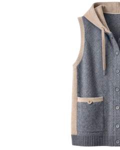 Manufacturer Blue <b>Hooded</b> Knitted Sweater Vest Wool Acrylic Sleeveless Button Front Winter <b>Cardigan</b> With Contrast Trim OEM ODM - Product Image 3