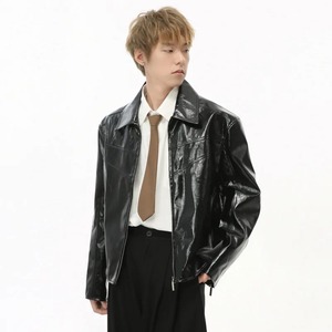 Style américain Surface brillante Veste en cuir véritable pour hommes en toile Fermeture à glissière Imperméable Respirant Mode Casual Hiver Couleur unie - Product Image 1