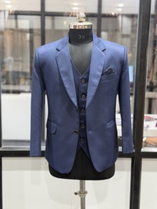 Costume d'affaires bleu pour homme, simple boutonnage, col cranté, style britannique, coupe classique, tissu tissé anti-rétrécissement - Product Image 1