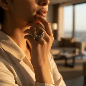 "Handmade Rhodium-Plated Smoky <b>Quartz</b> Topaz Boho <b>Ring</b> for Women-GRS Certified" - Product Image 1