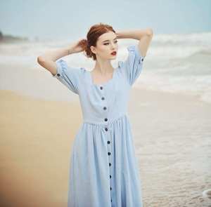 Robe en lin de coton confortable pour femme avec poches bleu mi-mollet et demi-manches taille naturelle Style lavable - Product Image 4