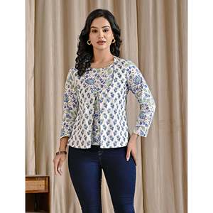 Top de punto verde de algodón estampado a mano para mujer - Product Image 3