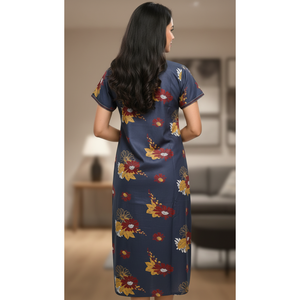 Chemise de nuit longue décontractée pour femme Alpine, imprimée, en tissu tissé doux et confortable, à manches courtes, longueur intégrale avec poche latérale, vêtement d'intérieur - Product Image 1