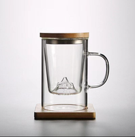 Gobelet en verre pour tasse à café et thé Couvercle en bambou avec infuseur en forme de montagne enneigée 3D