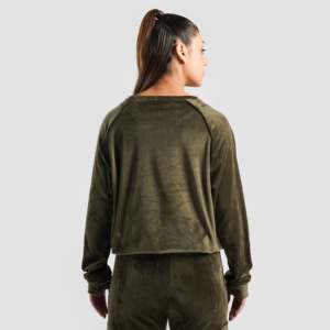 Women's <b>Velour</b> <b>Sweatshirt</b> with Embroidered Hood Streetwear Style Long Length Olive Silk Jacket for Winter - Product Image 2