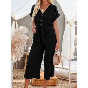 Women's Short Sleeve V-Neck Buttoned Belted <b>Pocket</b> Detail Long <b>Jumpsuit</b>, 33924 - Product Image 3