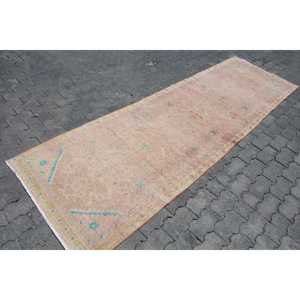 Turkish Vintage Runner Rug 3.1x9.5 ft, <b>Brown</b> Check Rug <b>Wool</b> - Product Image 3