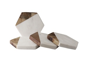 Marble & Mango Wood <b>Coasters</b> <b>Set</b> of 4 Round Drink <b>Coasters</b> with Holder Handmade Table Protection Home Decor - Product Image 1