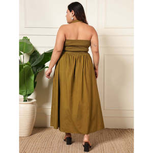 Vestido Deebaco para Mujer, Talla Grande, Color Verde Oliva, Cuello Halter, Corte en A, Algodón, Sin Mangas, Falda Plisada, Largo hasta el Suelo, Estilo Modesto, Estilo Occidental - Product Image 4