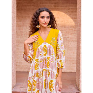 Vestido Maxi Elegante con Mangas Abullonadas y Estampado Floral, Estilo Bohemio, Largo hasta el Suelo, en Modal - Product Image 6