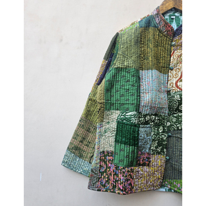 Handmade Vintage Women's Quilted <b>Green</b> <b>Silk</b> Patchwork Jacket Breathable Finished Winter Comfortable Durable Unique Pattern - Product Image 2
