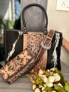 Hand Tooled Cowhide Fur Leather <b>Handbag</b> Women Stylish Shoulder Bag and Tooled Hand Painted Floral Print Purse <b>Unique</b> Combo Set - Product Image 2