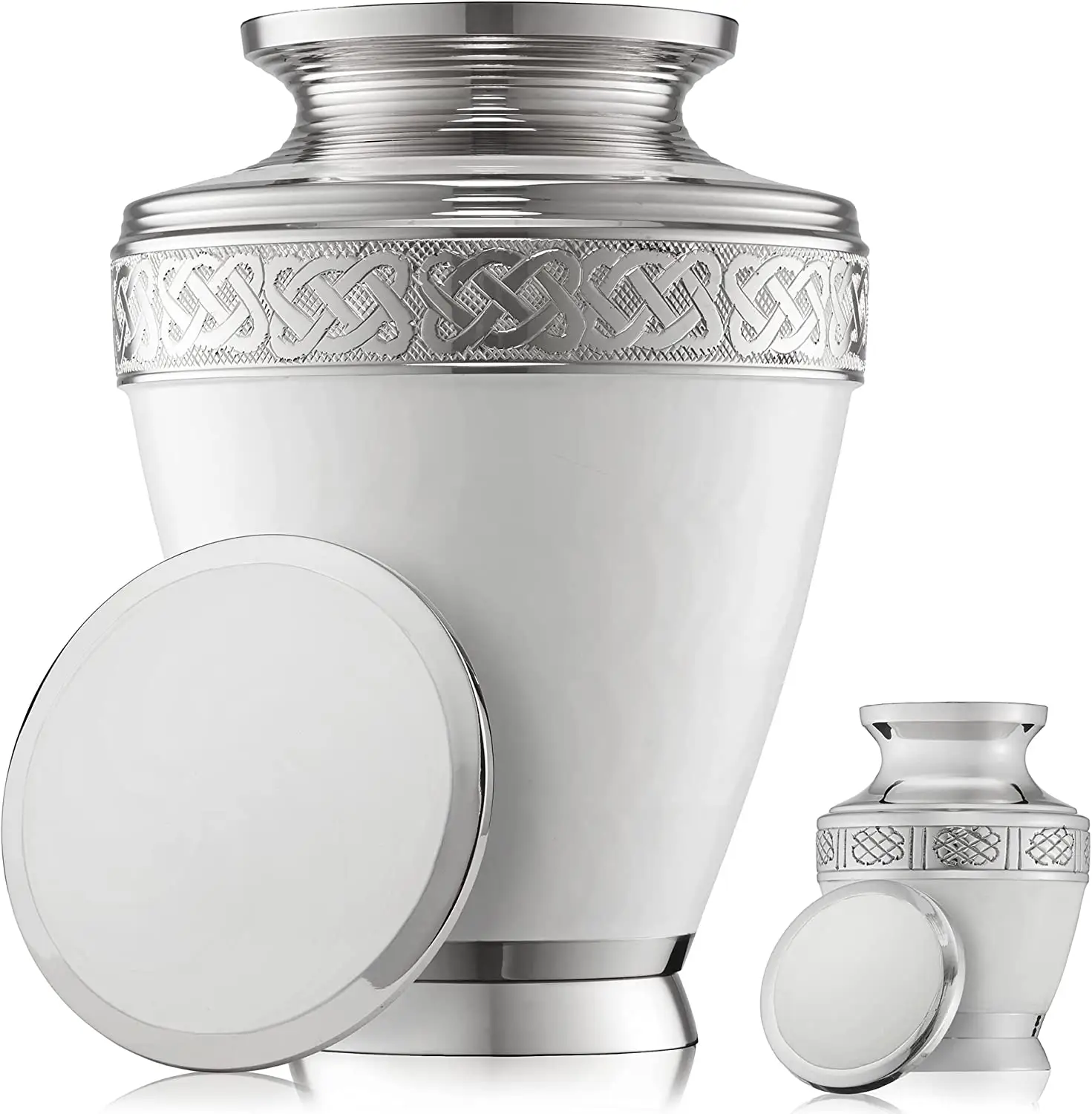 white and silver Handcrafted Cremation Urn Funeral Ashes Urn for Adults Solid Metal Burial Urns Wholesale Supplies
