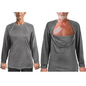 Bata de paciente para diálisis y quimioterapia al por mayor, 100% algodón, negra, con cremallera en el pecho para acceso fácil, mangas largas, unisex - Product Image 1