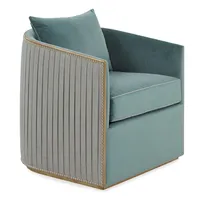 Fauteuil d'appoint, revêtement en velours bleu-vert, dossier capitonné à cannelures verticales, base et détails cloutés dorés, fauteuil de salon confortable
