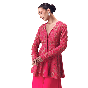 Peplum de seda cruda rosa con pantalones Palazzo circulares dobles, venta al por mayor de Ropa Étnica OEM para mujer, proveedor de fábrica, atuendo personalizado - Product Image 4