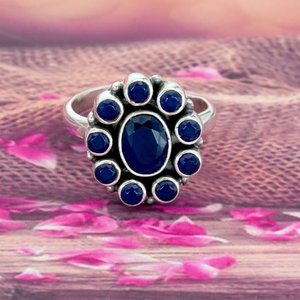 Anillo minimalista de Plata de Ley 925 con múltiples piedras con zafiro azul delicado, regalo de aniversario de boda para su fina Rings-R0339-GS - Product Image 3