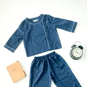 Best Price Girl Casual Pajamas Sleep Sets White Line Blue Silk Cotton Kid Long Sleeves Sleepwear Dark Blue Long Pyjamas Baby