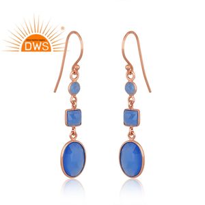 Pendientes Colgantes de Plata de Ley Fina con Baño de Oro Rosa y Calcedonia Azul Natural, los Más Vendidos, Fabricación de Joyería Personalizada - Product Image 2