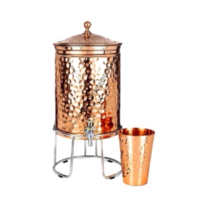 100% Pure Copper Hammered Water <b>Dispenser</b> With Glass & Water <b>Tap</b> Handmade Metal Water Tank 5L Matki for Health Benefits - Product Image 1