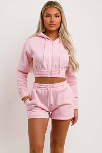 Nuevo personalizado bebé rosa 2 piezas mujer Crop Zip Sudadera con capucha y pantalones cortos chándal conjunto mujer Sudadera con capucha y chándal corto conjunto mujer 2 piezas conjunto - Product Image 6