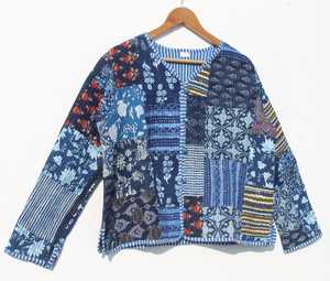 Chaqueta acolchada de algodón para mujer, Kimono abierto frontal, ribete a rayas, chaqueta acolchada hecha a mano con borde crudo, abrigos, chaqueta bohemia de nuevo estilo - Product Image 1