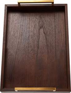 Plateau de service en bois naturel de conception européenne avec poignée en métal PVD doré Décoration de vaisselle de ferme pour la maison Plateau de service - Product Image 5