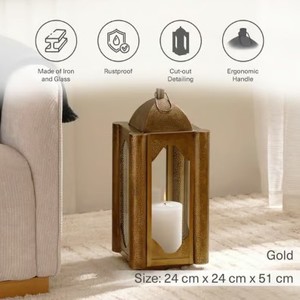 Lanterne à bougie marocaine en métal à finition antique avec panneaux en verre, design ajouré complexe, lumière chaude, décoration festive pour la maison, cadeau - Product Image 6