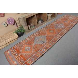 Tapis en laine turque orange et violet vintage 28 'X 114' tapis plat tissé spacieux avec support en latex pour décorations de salon - Product Image 5