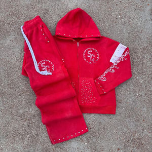 2025 mode coupe régulière Jogging costumes sérigraphie lavage à l'acide strass pour hommes coton polaire survêtement décontracté - Product Image 4