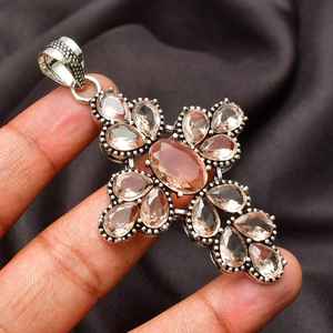 925 argent Sterling fait à la main pêche Morganite croix pendentif collier plaqué rhodium lunette ensemble bijoux de mode femmes fiançailles - Product Image 1