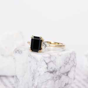 Elegant Emerald Cut Black Moissanite Diamond <b>Ring</b> Two Trillion Cut <b>Stones</b> Timeless Luxurious Silver Wedding Engagement Party - Product Image 3