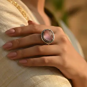 Bague en argent 925 avec quartz rose pour femmes, design géométrique avec pierres précieuses turquoise et améthyste, plaqué rhodium pour mariage - Product Image 2