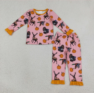 Conjunto de Pijama Casual Ecológico sin Mangas Rosa con Estampado de Ciervo y Calabaza para Niñas, Ropa de Dormir Cómoda de Spandex/Poliéster - Product Image 5