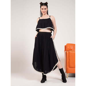 Deebaco Women's Solid Black 2 Piece Co-Ord <b>Set</b> Casual Spring Summer Loose Fit Sleeveless Top With Ruffles Full Length Skirt - Product Image 6