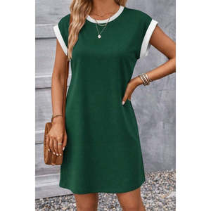 Vestido Corto de Crepé Brillante con Cuello Redondo y Mangas Cortas para Mujer, con Detalle de Puño en Contraste, 35972 - Verde - Product Image 2