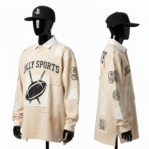 Camiseta de Rugby para Hombre, Alta Calidad, 280 GSM, Algodón Jersey, Estilo Panel Patchwork, Tono Crema, Aplique con Logotipo Serigrafiado, Ropa Casual - Product Image 4