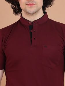 Camiseta de media manga con cuello mandarín granate de la mejor calidad para hombre, ropa cómoda de uso diario para ocasiones informales y semiformales - Product Image 3