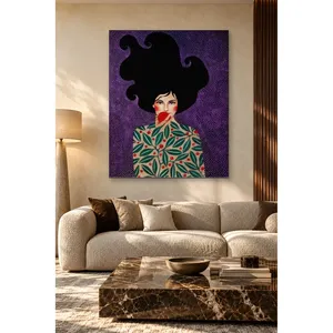 Fille Fida tenant une grenade avec un motif de feuilles sur fond violet, impression sur toile - Product Image 2