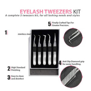 ชุดแหนบต่อขนตา5ชิ้นแหนบต่อขนตาแบบมืออาชีพทำจากสเตนเลสสตีลสำหรับเพิ่มความดังและคลาสสิก - Product Image 2