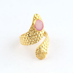 Single gemstone <b>ring</b> natural <b>crystal</b> sugar druzy adjustable <b>ring</b> brass fashion jewelry gold plated hammered texture band <b>ring</b> - Product Image 3