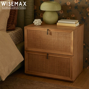 WISEMAX FURNITURE Retro Bedroom Solid Wood <strong>Rattan</strong> 2 Drawers Storage Cabinet Nightstand <strong>Bedside</strong> <strong>Table</strong> for Hotel Home Villa - Product Image 1