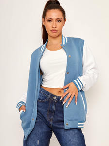Chaqueta de béisbol Varsity de lona transpirable con mangas de contraste de lana azul de fábrica directa para mujer - Product Image 3