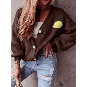 Cardigan en tricot pour femme, décontracté, couleur abricot, col en V côtelé, boutonné devant, manches longues, 100% polyester - Product Image 2
