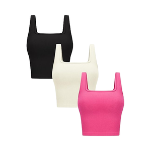Camisetas sin mangas cortas para mujer, Camisetas básicas sin costuras acanaladas sin mangas con cuello cuadrado para gimnasio, Camiseta corta de entrenamiento dulce para ejercicio de verano Yoga - Product Image 1
