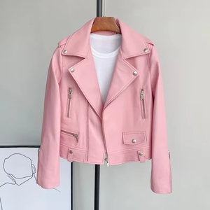 Femmes en cuir véritable au crochet séchage rapide à manches courtes moto veste décontracté revers fermeture éclair manteau hiver - Product Image 1