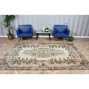 5.5x9.2 ft Rug, Vintage Turkish Rug, <b>Brown</b> Check <b>Wool</b> Rug - Product Image 1