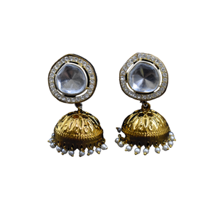 Best Selling Golden Antique Finish and Brass Material Kundan <b>Stud</b> Jhumka <b>Earring</b> Fancy Jewelry for <b>Girls</b> and Women - Product Image 2