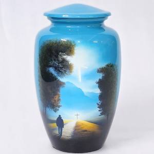 Urne funéraire spirituelle bleu ciel avec paysage de croix de chemin, urne funéraire symbolique - Product Image 1