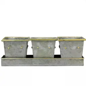 Modern Wholesale Custom Set of 3 Decorative Gray Square Pots with Gold Colored Accents in a Tray 15.5" For Interior Plants Decor